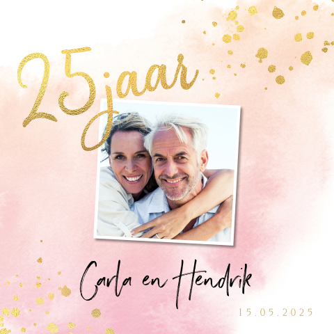 Jubileumkaart watercolor roze 25 jaar getrouwd goudfolie look