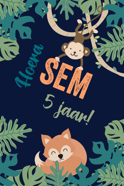 Uitnodiging donkerblauw voor een kinderfeestje met jungle dieren