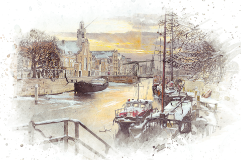Kerstkaart met afbeelding van delfshaven