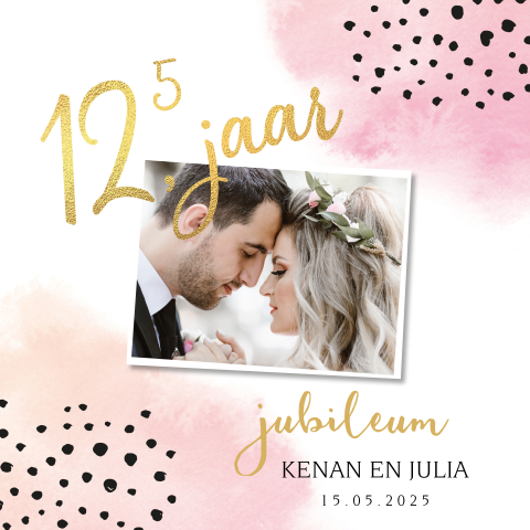 Jubileumkaart watercolor stippen 12,5 jaar getrouwd goudfolie look