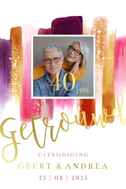 Jubileumkaart watercolor strepen 40 jaar getrouwd met goudfolie