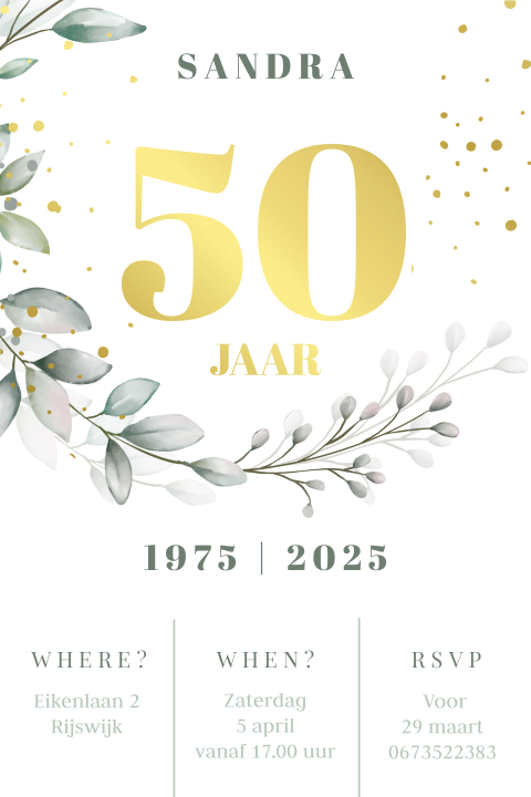 Uitnodiging 50 jaar met goudfolie en watercolor afbeelding