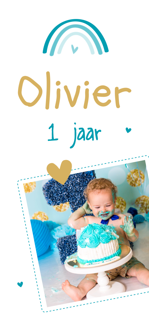 Uitnodiging voor verjaardag met foto en regenboog in blauw