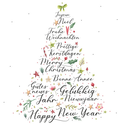 Kerstkaart met tekstboom en watercolor tekeningetjes