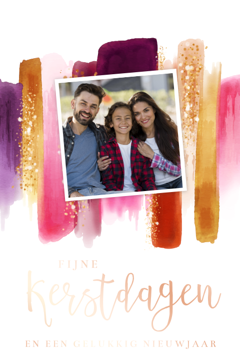 Kerstkaart met kleurrijke watercolor, foto en folie