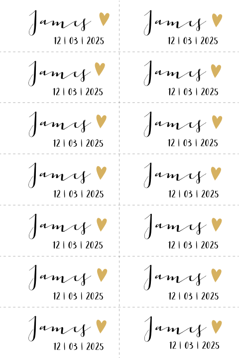 DIY label met naam, datum en hartje 7x3cm