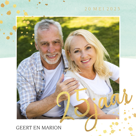 Jubileumkaart watercolor 25 jaar getrouwd met foto en goudfolie look
