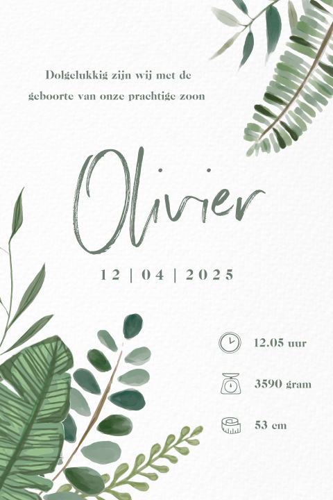 Hip geboortekaartje met aquarel botanisch thema