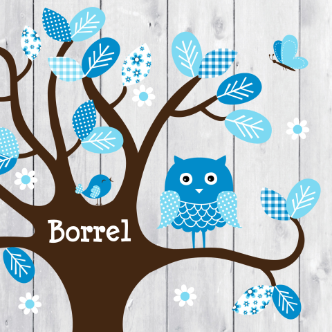 Kraamborrelkaart uil boom blauw