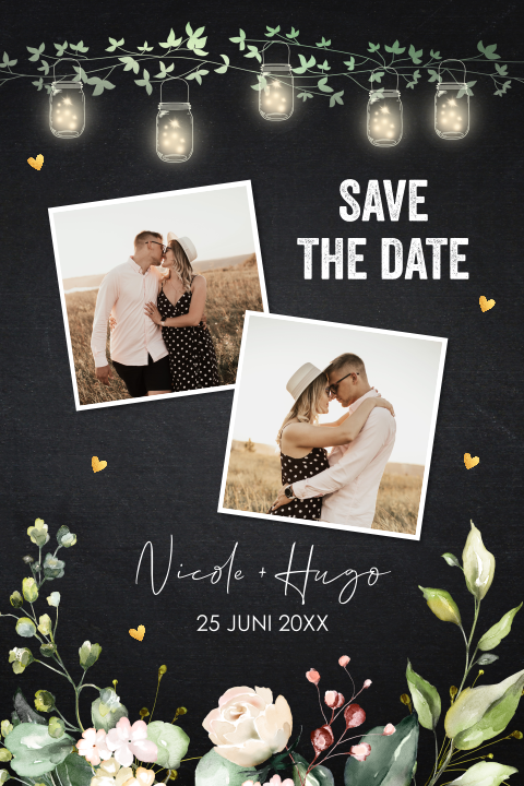 Save the Date kaart zwart bloemen botanisch lampjes foto