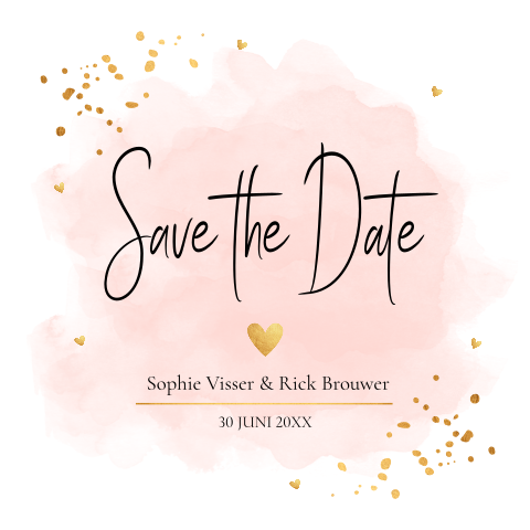 Save the Date kaart watercolour roze hartjes goudlook