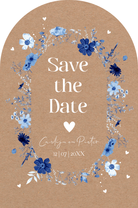 Save the Date kaart boog kraft bloemen blauw