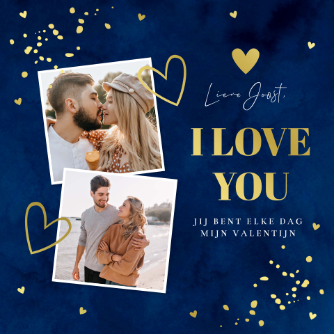 Valentijnskaart blauw foto confetti goudfolie