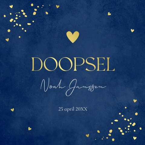 Doopkaart jongen blauw hartjes goudfolie