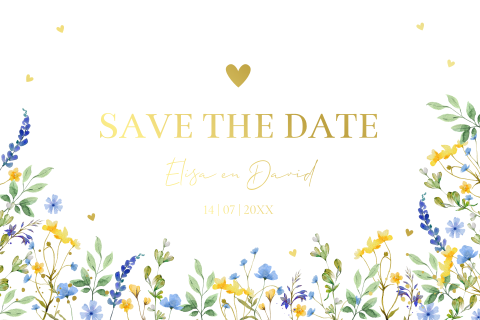 Save the Date kaart watercolour bloemen blauw geel goudfolie