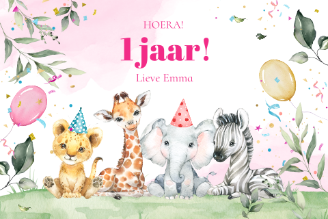 Felicitatie verjaardag kaart meisje 1 jaar jungle dieren ballonnen