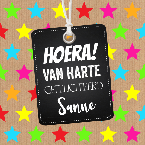 Verjaardagskaart kind meisje gekleurde sterren label zwart