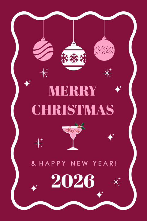 Kerstkaart roze rood kerstballen golvend kader trendy