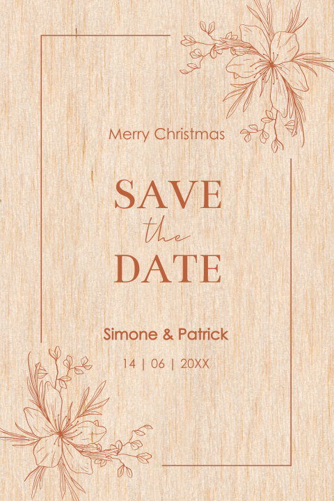 Save the Date kerstkaart op echt hout bloemenkader