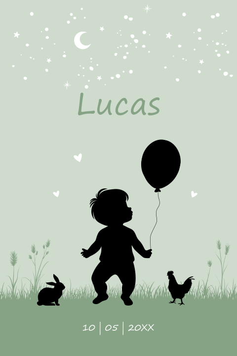 Poster silhouet jongen ballonnen groen