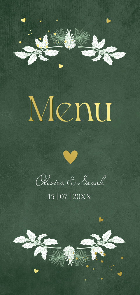Menukaart langwerpig huwelijk winterwedding groen kerst