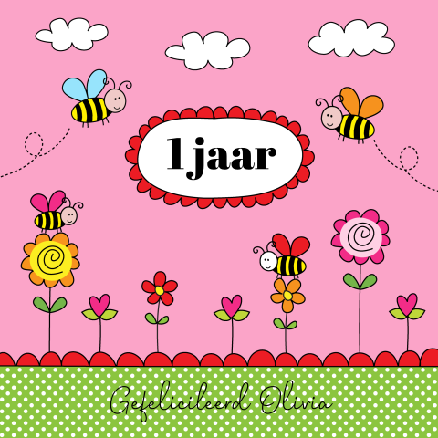 Verjaardagskaart kind 1 jaar meisje dieren bijtjes bloemen roze