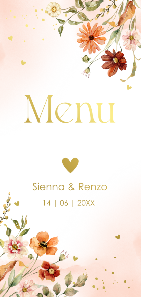 Menukaart huwelijk langwerpig bloemen peach pasteloranje goudfolie