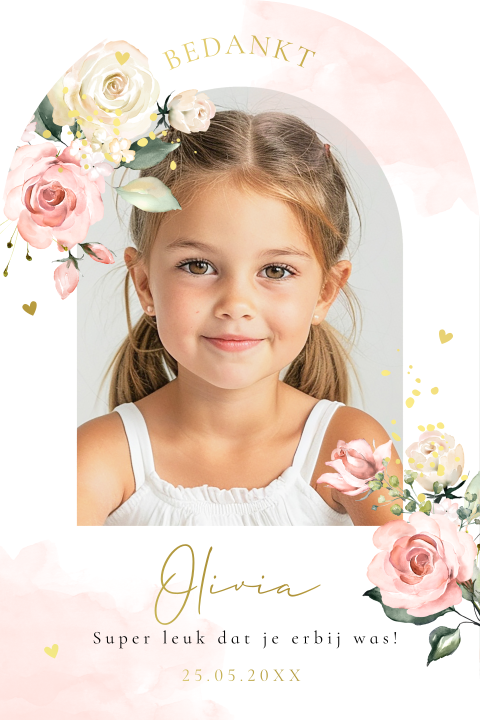 Bedankkaart communie meisje boog foto bloemen goudfolie