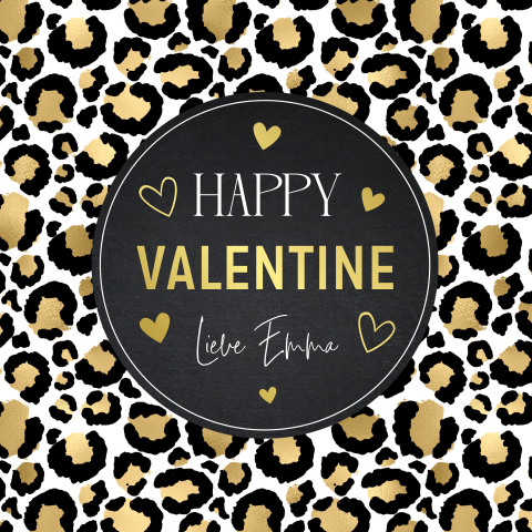 Valentijnskaart panterprint hartjes goudfolie