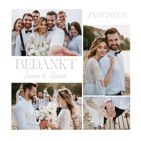 Bedankkaart huwelijk wit fotocollage