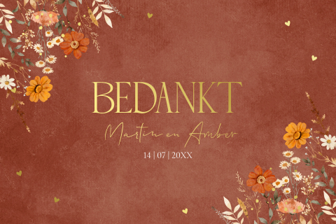Bedankkaart huwelijk bloemen roodbruin goudfolie