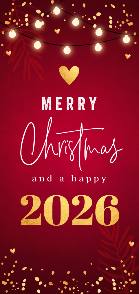 Kerstkaart rood goudlook lampjes hartje langwerpig