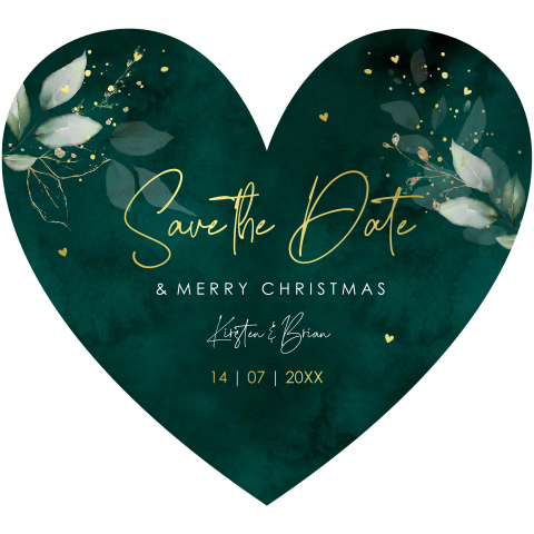 Save the Date kerstkaart vorm hartje botanisch blaadjes goudfolie