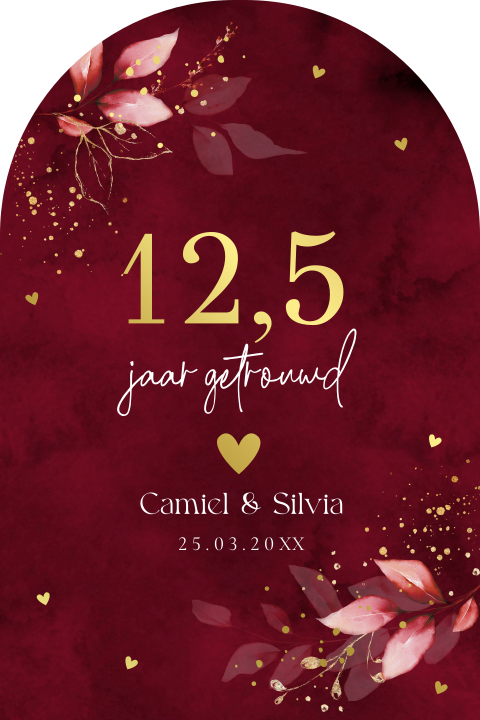 Jubileum uitnodiging 12,5 jaar getrouwd rood floral boog goudfolie