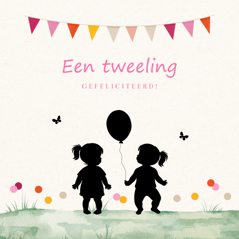 Felicitatie kaart geboorte tweeling meisjes silhouet slinger roze
