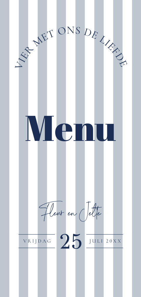 Menukaart huwelijk blauw strepen modern typografie