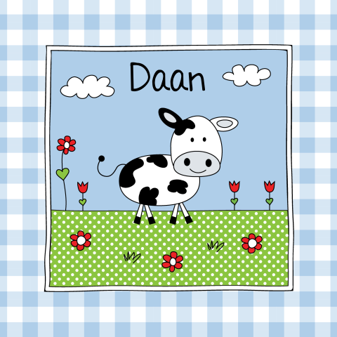 Geboortekaartje jongen blauw ruitjes koe boerderij