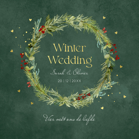 Winter Wedding kerst trouwkaart groen kerstkrans goudfolie