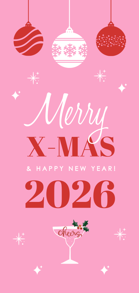 Kerstkaart langwerpig roze kerstballen rood modern typografie