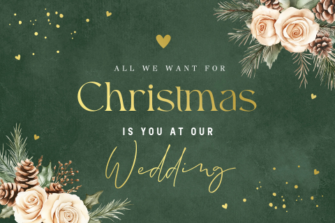 Save the Date kerstkaart groen bloemen kersttakjes goudfolie