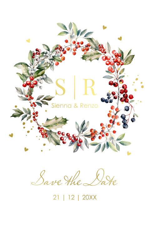 Save the Date kerstkaart botanisch bladeren groen goudfolie