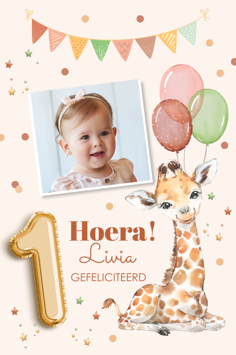 Felicitatie kind 1 jaar meisje foto giraffe ballonnen