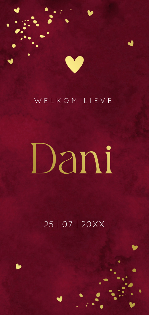 Geboortekaartje rood langwerpig hartje goudfolie