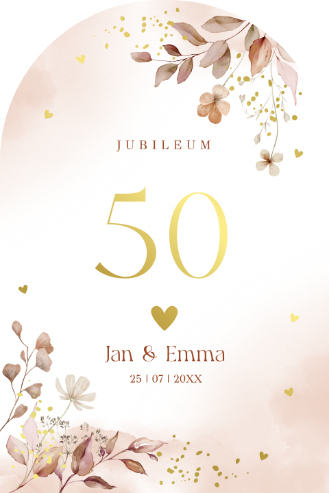Jubileumkaart uitnodiging 50 jaar getrouwd bloemen roze goudfolie