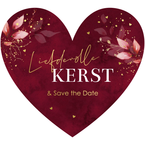 Save the Date kerstkaart hartje rood goudfolie botanisch