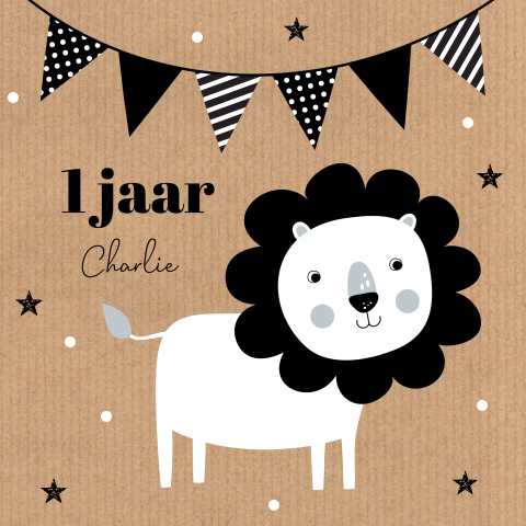 Verjaardagskaart kind 1 jaar illustratie leeuwtje slinger