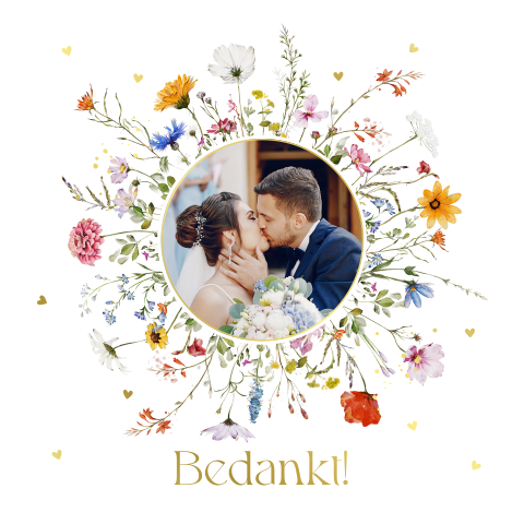 Bedankkaart huwelijk foto zomerse bloemen goudfolie