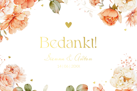 Bedankkaart huwelijk watercolour bloemen oranje goudfolie