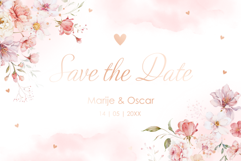 Save the Date uitnodiging watercolour bloemen roze rosegoudfolie