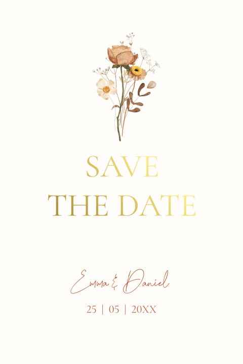 Save the Date kaart stijlvol bloemen boeket goudfolie